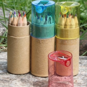 투명 원통 케이스 뚜껑 2색 색연필 +연필 깍이 세트