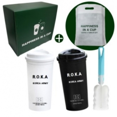 로카 ROKA 군인 군대 리유저블 컵 텀블러 500ml 블랙1개 화이트1개 세척솔 해피니스 선물세트