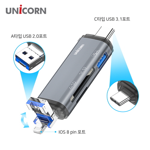 유니콘 OTG멀티카드리더기 A타입/C타입/8핀 USB3.1포트지원 XC-3000M