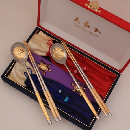 황금 대장금 수저 세트 S-4 (수저 2벌+거북받침 2+비단주머니 2+비단케이스) #2
