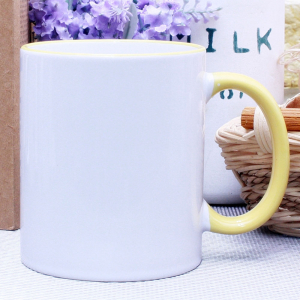 리빙 화이트 노랑 직선 매직 핸들 머그컵