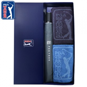 PGA 2단 자동 로고 바이어스 우산 + 170g 죽사 타올 2P 세트
