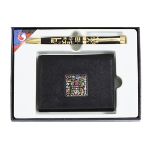 한글 볼펜 한글 자개 프린팅 가죽 명함지갑