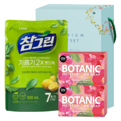 LION 참그린 녹차 뽀드득 리필 300ml + LG생활건강 베이직 온더바디 비누 80g x 2개 [110-212268]