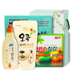 라이온 참그린 순수 발효 곡물 용기 300g + 무궁화 오곡 안심설거지 리필 300ml + 크린손 위생장갑 50매 평판 + 독일칼라행주 1p, 102 212199