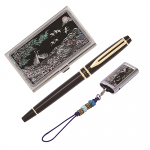 워터펜 블랙 수성 볼펜+채색 송학 자개 명함케이스+채색 송학 자개 USB