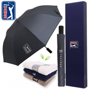PGA 2단 자동 블랙 메탈 우산 + 130g 면사 타올세트