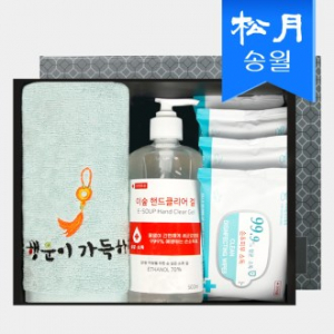 위생키트- 예방 클린 세트 3호 (옥행운 자수타올 1p+이숲 핸드 클리어겔500ml1p+항균 티슈10매4p)