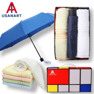 우산아트 3단 폰지 컬러 수동 우산 1P+마시멜로 타올 2P 세트