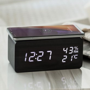 스마트 우드 무선충전 온습도 LED 무소음 탁상시계