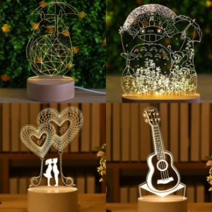 LED 원목 라운드 받침대 3D조각 무드등 (주문제작) CAH421