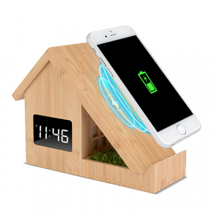 우드쇼 F011 LED 홈 무선 충전 리얼 우드 시계 흑경