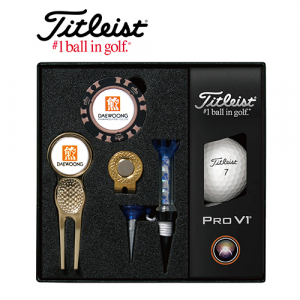 타이틀리스트 Pro V1 골프볼+칩볼마커+그린보수기 볼마커 (골드) + 자석티 세트
