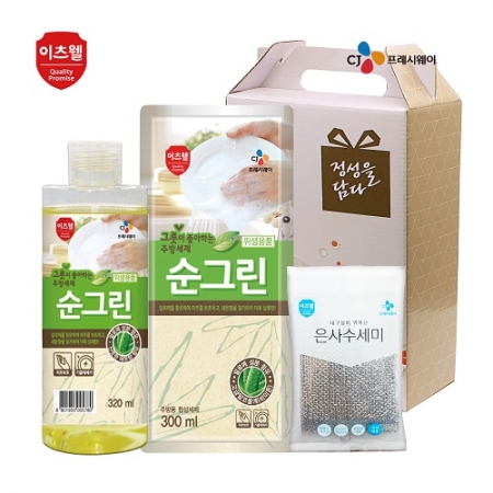 CJ 이츠웰 순그린 주방세제 (320ml 용기) , 순그린 주방세제 (300ml 리필) , 수세미 3종 세트 #2