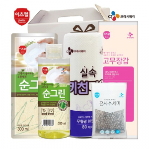 CJ 이츠웰 순그린 주방세제 (320ml 용기) , 순그린 주방세제 (300ml 리필) , 고무장갑, 수세미, 키친타올 5종 세트