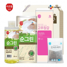 CJ 이츠웰 순그린 주방세제 (320ml 용기) , 순그린 주방세제 (300ml 리필) , 수세미, 고무장갑 4종 세트