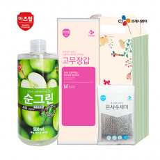 CJ 이츠웰 순그린 주방세제 500ml (사과) , 고무장갑, 수세미 3종 세트