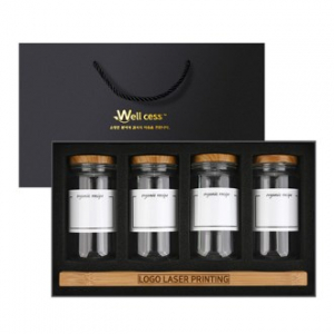 웰세스 WG-104 양념용기 4종세트 라벨스티커 우드트레이