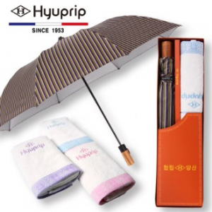 협립 2단 스트라이프 실버 원목손 우산+눈꽃 타올 1P 세트