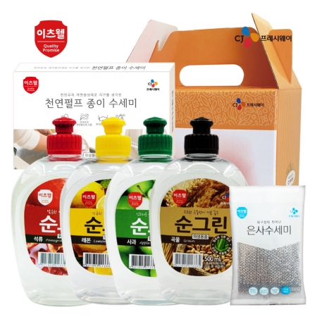 CJ순그린 500ml*4개(곡물,석류,레몬,사과),종이수세미5매,은사수세미 6종세 #2