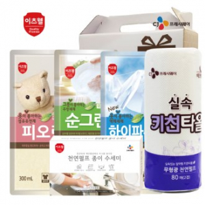 CJ 이츠웰 순그린 주방세제, 하이파워 액체세제, 피오린 섬유유연제, 키친타올, 종이수세미 5매 5종세트
