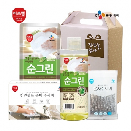 CJ 이츠웰 순그린 주방세제 320ml 용기, 순그린 주방세제 리필, 천연종이 수세미 5매, 은사 수세미 4종세트 #2