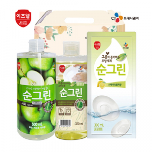CJ 이츠웰 순그린 주방세제 사과 500ml, 순그린 주방세제 320ml, 순그린 리필 300ml 3종세트