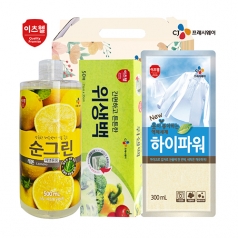 CJ 순그린 주방세제 (레몬 500ml 용기) , 하이파워 액체세제, 위생백 3종세트