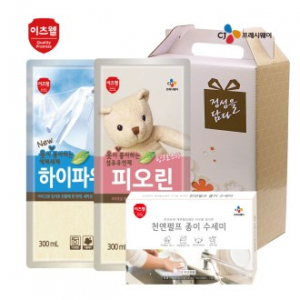 CJ 이츠웰 하이파워 액체세제, 피오린 섬유유연제, 종이수세미 5매 3종세트