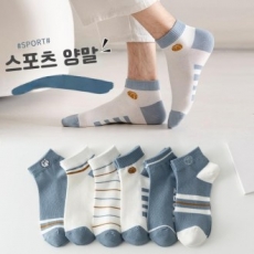 남자단목 학생 스포티한 스니커즈양말 6개 세트 파스텔 블루 화이트