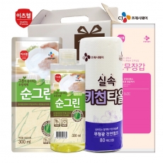 CJ 순그린 주방세제 (320ml 용기) , 순그린 주방세제 (300ml 리필) , 고무장갑, 키친타올 4종 세트