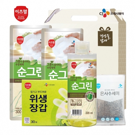 CJ 순그린 주방세제 (320ml 용기) , 순그린 주방세제 (300ml 리필) *2개, 위생장갑, 수세미 5종 세트 #2