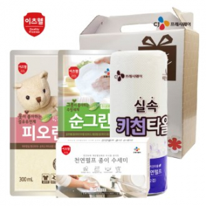CJ 이츠웰 피오린 섬유유연제, 순그린 주방세제, 키친타올, 종이수세미 5매 4종 세트