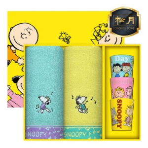 [스누피 전용 타올 컵 세트]스누피 뮤직 타올 40 2p + 스누피 3p 컵 세트