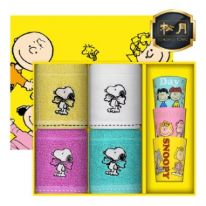 [스누피 전용 타올 컵 세트]스누피 왕리본36 핸드타올 4p + 스누피 3p 컵 세트