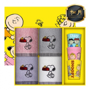 [스누피 전용 타올 컵 세트]스누피 블럭블랙 34 핸드타올 4p + 스누피 3p 컵 세트