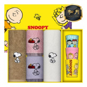 [스누피 전용 타올 컵 세트]스누피 블럭블랙34 핸드타올 4p + 스누피 3p 컵 세트