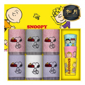 [스누피 전용 타올 컵 세트]스누피 블럭블랙34 핸드타올 6p + 스누피 3p 컵 세트