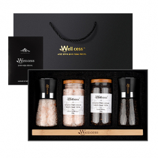 웰세스 WG-205 히말라야 핑크솔트 블랙페퍼 그라인더 선물세트[핑크솔트 굵은입자 200G, 리필 300G, 블랙페퍼 100G, 리필 150G, 우드트레이]