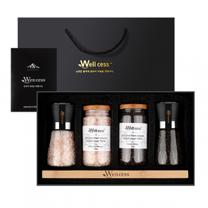 웰세스 WG-205 히말라야 핑크솔트 블랙페퍼 그라인더 선물세트[핑크솔트 굵은입자 200G, 리필 300G, 블랙페퍼 100G, 리필 150G, 우드트레이]
