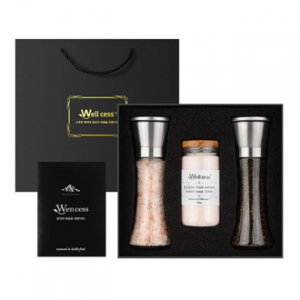 웰세스 WG-243S 히말라야 핑크솔트 블랙페퍼 그라인더 선물세트[핑크솔트 굵은입자 240G, 블랙페퍼 110G, 핑크솔트 고운입자 300G]