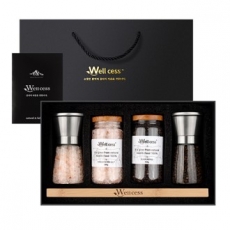 웰세스 WG-205S 히말라야 핑크솔트 블랙페퍼 그라인더 선물세트[핑크솔트 굵은입자 200G, 리필 300G, 블랙페퍼 100G, 리필 150G, 우드트레이]
