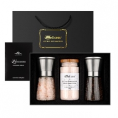 웰세스 WG-203S 히말라야 핑크솔트 블랙페퍼 그라인더 선물세트[핑크솔트 굵은입자 200G, 통후추 100G, 핑크소금 고운입자 300G]