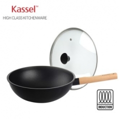 카셀  하이브리드(Hybrid) 인덕션(IH) 휠우드 티타늄  궁중팬(웍) 28cm + 유리뚜껑 28cm