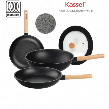 카셀 하이브리드 (Hybrid) 인덕션 (IH) 휠우드 티타늄 프라이팬 4종 B 세트 (프라이팬24cm +프라이팬28cm+궁중팬28cm +실리콘 멀티 뚜껑) #2