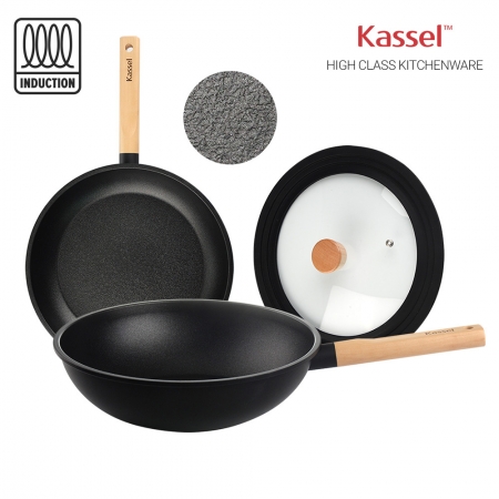 카셀 하이브리드 (Hybrid) 인덕션 (IH) 휠우드 티타늄 프라이팬 3종 C 세트 (프라이팬 28cm +궁중팬 28cm +실리콘 멀티 뚜껑) #2