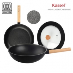 카셀 하이브리드 (Hybrid) 인덕션 (IH) 휠우드 티타늄 프라이팬 3종 C 세트 (프라이팬 28cm +궁중팬 28cm +실리콘 멀티 뚜껑)