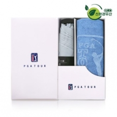 PGA 그린 3단 수동 사각 스키니 우산 + 170g 죽사 타올 세트