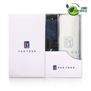 PGA 그린 3단 수동 사각 스키니 우산 + 150g 면사 타올 세트