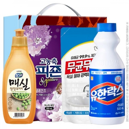[명절 선물세트 추석 설날] (친환경 ) 참그린 매실 주방세제 300g 용기 + 피죤 섬유유연제 + 무균무때 세탁세제 + 유한락스 (4종) #3